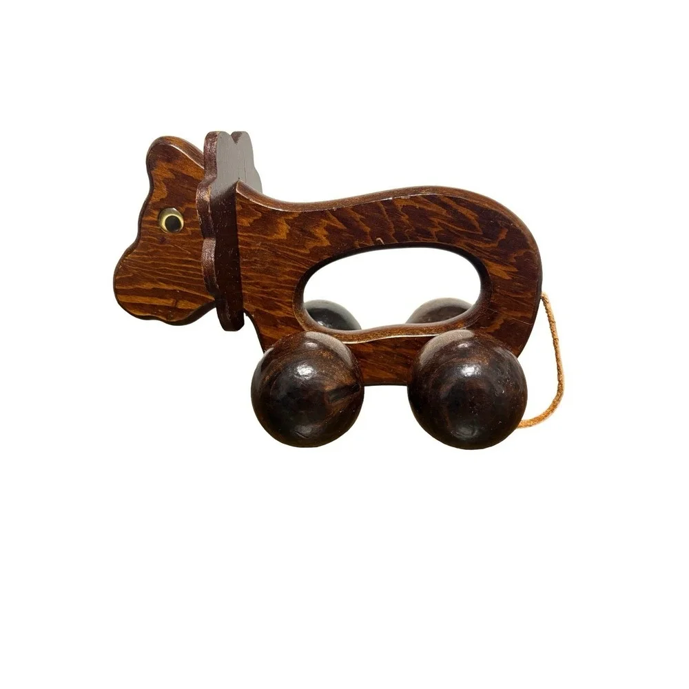 Wooden‎ Toy Vintage Push Along Brown Lion Small Crawl Roller Baby Toddler